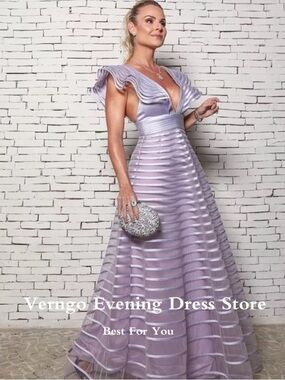 Verngo Lavender Ruffle Sleeve Evening Gown